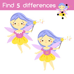 Find the differences educational children game. Kids activity with cartoon fairy