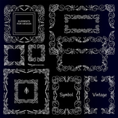 Vector set of calligraphic elements for design, chalkboard style. Square, rectangle, section, module, template for logo, monogram, frames, boxes, vignette. White ornate elements on black