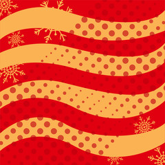 Red and yellow background with lines and snowflakes. Trendy vector illustration with different shapes. Abstract striped pattern, creative texture with polka dot.