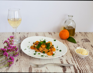 Shrimp risotto on a white table. Healthy food