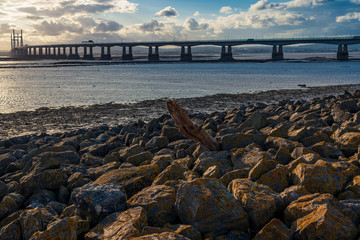 A piece of driftwood, with The Prince of Wales Bridge in the background, seen from Severn Beach, South Gloucestershire, England, UK