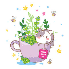 Vector cartoon illustration, kawaii anime style. Funny fat cat in tea cup with green plants, leaves, bees, stars and hearts. Drink Green Tea poster. Korea, Japan, China drinks design