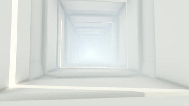 Futuristic empty white corridor with rectangular walls and bright light