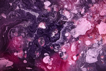 Abstract liquid purple pink raspberry colors outer space background. Exoplanet cosmic sea pattern, macro mold fungus paint stains