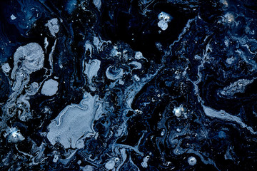 Abstract liquid dark blue colors outer space background. Exoplanet cosmic sea pattern, macro mold fungus paint stains