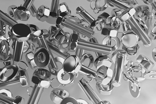 Bolts, nuts, washers, growers on a white background 3D rendering