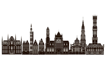 Vector sketch of historic buildings of Bruges (Brugge), Belgium - obrazy, fototapety, plakaty