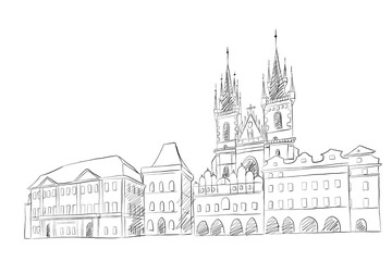 Image of Vector sketch of  The Church of Our Lady before Tyn , Prague, Czech Republic. printed on Printed Glass Splashbacks