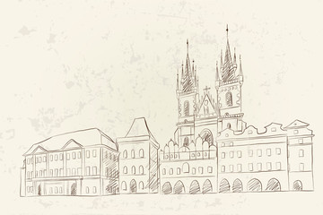 Vector sketch of The Church of Our Lady before Tyn , Prague, Czech Republic.