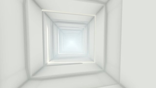 Futuristic empty white corridor with rectangular walls and bright light
