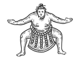 Sumo wrestler fighter sketch engraving vector illustration. T-shirt apparel print design. Scratch board imitation. Black and white hand drawn image.
