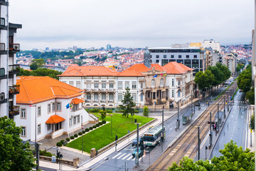 Fototapeta na wymiar Aerial view of historical buildings in Gaia, Portugal in the morning