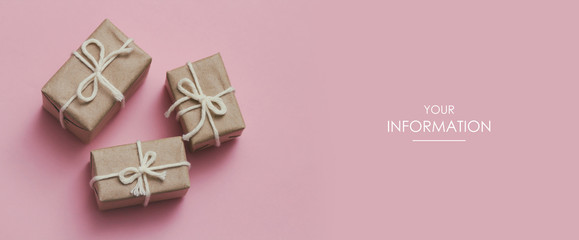 Three gift boxes set on pink background. Sale time. Web article template. Long header banner format. Sale coupon. Visit card. Your information. Text space.