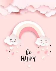  Welcome baby greetings card, nursery poster with cute clouds and rainbow, vector paper art © Colorlife