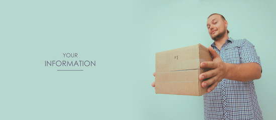 Delivery man with your parcel. Hand hold the box. Cargo transportation. Online shopping. Mint...