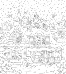 Santa Claus with holiday gifts near a chimney on a snow-covered rooftop of a house with sleeping children on a snowy night before Christmas, black and white vector cartoon