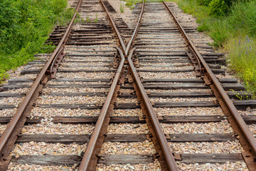 Fototapeta na wymiar Old railroad track with switch and wooden ties