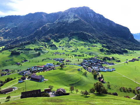 View of the alpine settlement Ennetmoos below Stanserhorn Mountain - Canton of Nidwalden, Switzerland
