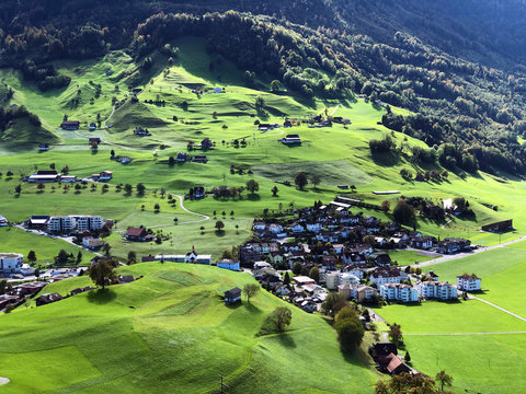 View of the alpine settlement Ennetmoos below Stanserhorn Mountain - Canton of Nidwalden, Switzerland