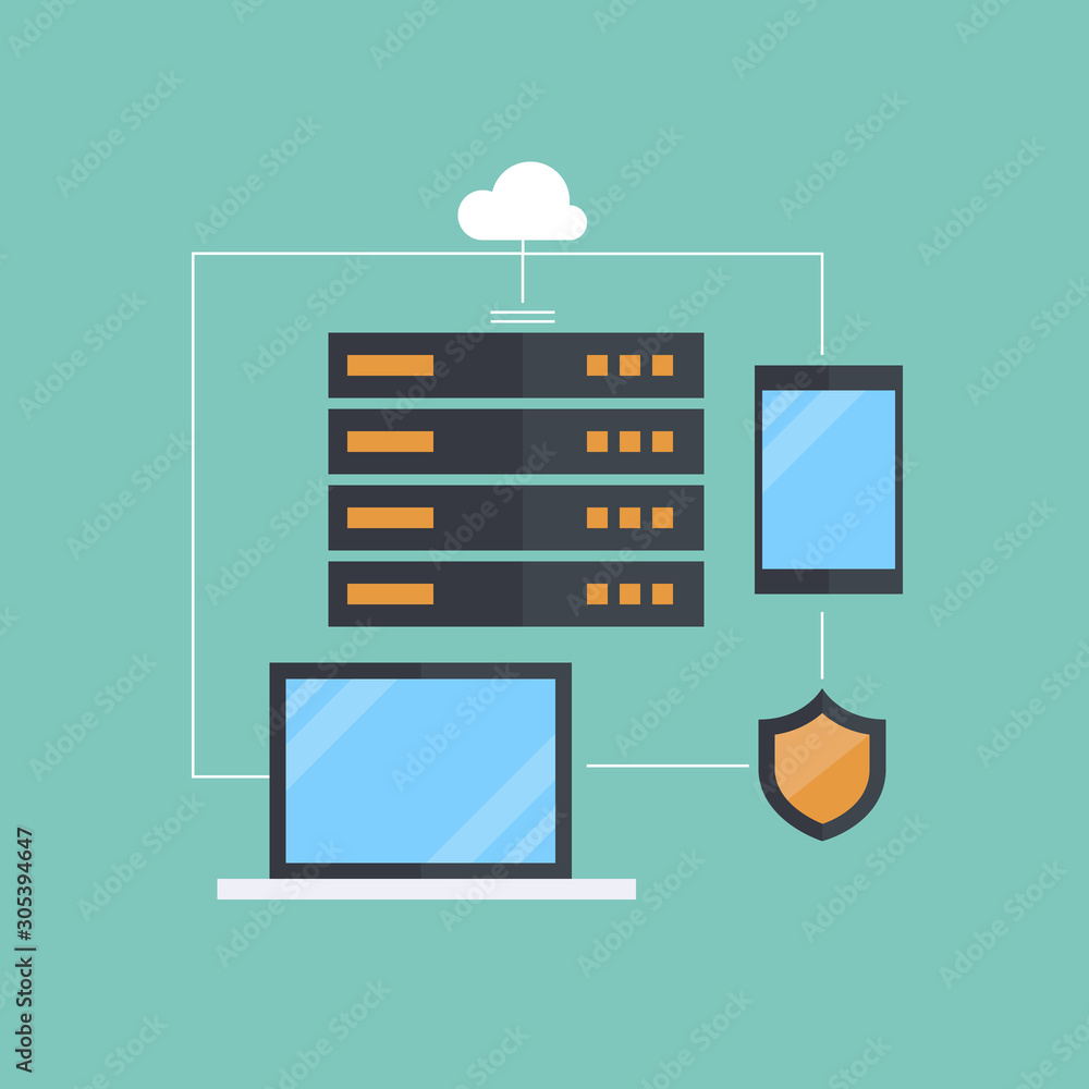 Poster cloud network security, data protection, private vpn, cyber security technology. flat design vector 