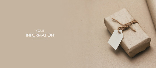 Parcel wrapped in craft paper and tie hemp cord. Name and destination label. Worldwide shipping. Online shopping. Brown background. Web article template. Long header banner format. Sale coupon. 