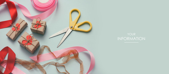 Process of packaging parcels and gift boxes. Ribbons and scissors. Light dirty mint background. Web article template. Long header banner format. Sale coupon. Visit card. Your information. Text space.