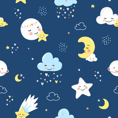 Fototapeta na wymiar Childish seamless pattern with moon, star, clouds. Kids vector background.