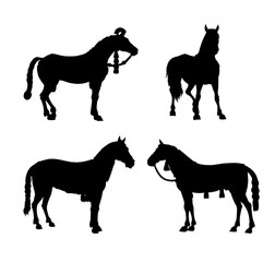 Military horses of ancient Persians and Assyrians. Armored horses silhouette set. Historical illustration.