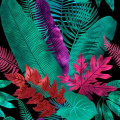 Fototapeta na wymiar Pattern Neon tropical leaves of palm, monstera, fern. Pink, purple and blue plants on a black background.