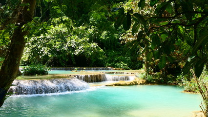 Small waterfalls within the Kuang Si Falls in Luang Prabang, Laos