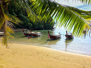 Exotic water taxi longtail boats in Ao Nang and Railay Beach, Krabi. Thailand