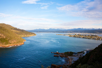 Obraz premium Aerial view of Knysna Lagoon with Leisure Isle.