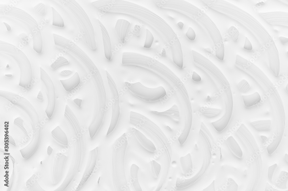 Poster white liquid paint texture with smooth curly curved random lines as simple abstract background.