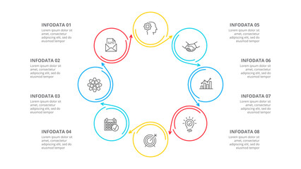 Thin line flat element for infographic. Template for diagram, graph, presentation and chart. Business concept with 8 options, parts, steps or processes.