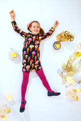 Merry little girl and christmas presents. Angel.