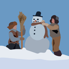 winter fun with boys in hats sculpting a snowman with a broom in the snow