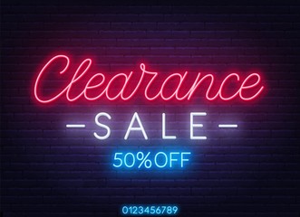 Clearance sale neon sign on dark background. - obrazy, fototapety, plakaty
