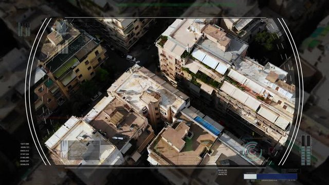 Special Forces Drone Locate Yellow Taxi On The Streets Among Buildings, HUD