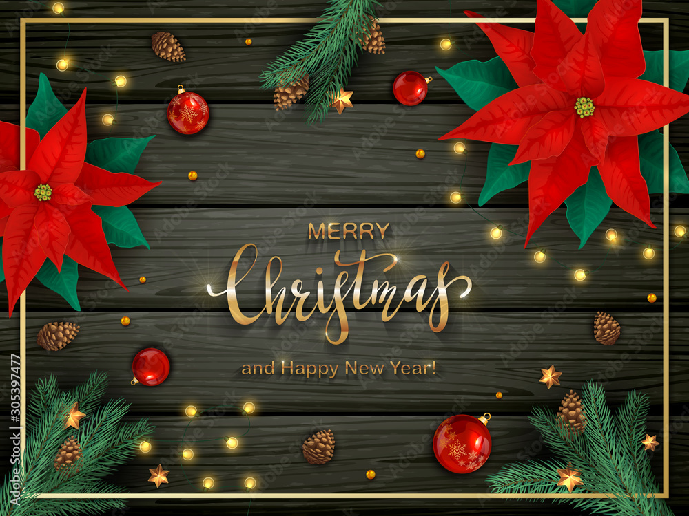 Wall mural Christmas Decorations on Black Wooden Background