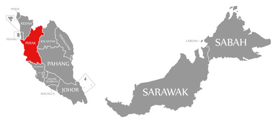 Fototapeta premium Perak red highlighted in map of Malaysia