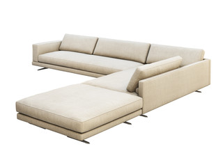 Modern gray fabric corner sofa with pillows and knitted plaid. 3d render