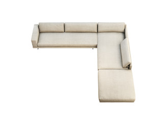 Modern gray fabric corner sofa with pillows and knitted plaid. 3d render