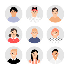Kids faces avatars. Vector children face icons, simple profile illustration portraits collection, circle school pupils or students characters for infographics