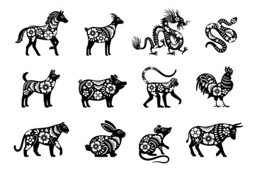 Traditional chinese horoscope with flowers. Chinese new year animals set, tiger and snake, dragon and pig vector mascot drawings with flora patterns