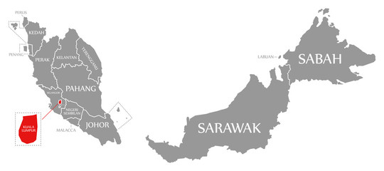 Fototapeta premium Kuala Lumpur red highlighted in map of Malaysia