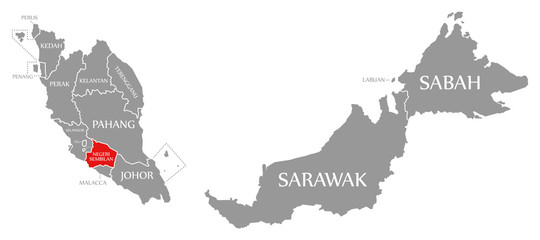 Fototapeta na wymiar Negeri Sembilan red highlighted in map of Malaysia