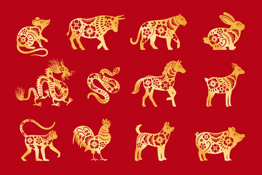 Gold on red chinese horoscope. Vector chinese animals zodiac, china calandar signs set, astrological oriental zodiacal symbols vector illustration