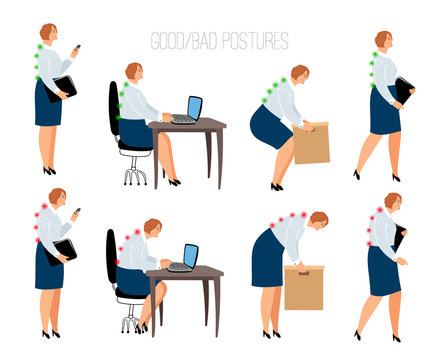Ergonomic woman postures. Female correct and wrong position at work desk and box lifting, sitting and standing vector illustration with women models