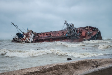 Oil tanker washed ashore on a city beach in Odessa, Ukraine. November 22, 2019.