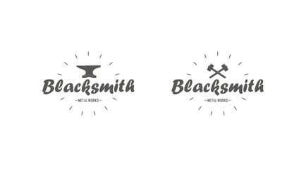 Set of blacksmith logos in black and white. Vector illustration of an anvil, crossed hammers and text with rays. Professional blacksmith services.